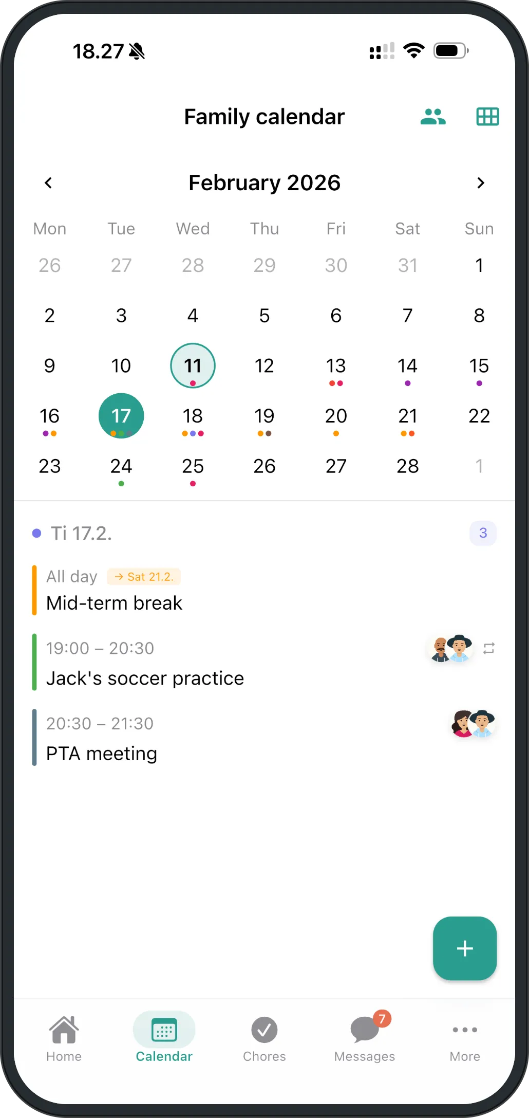 Family calendar month view for February with today’s events listed below it.