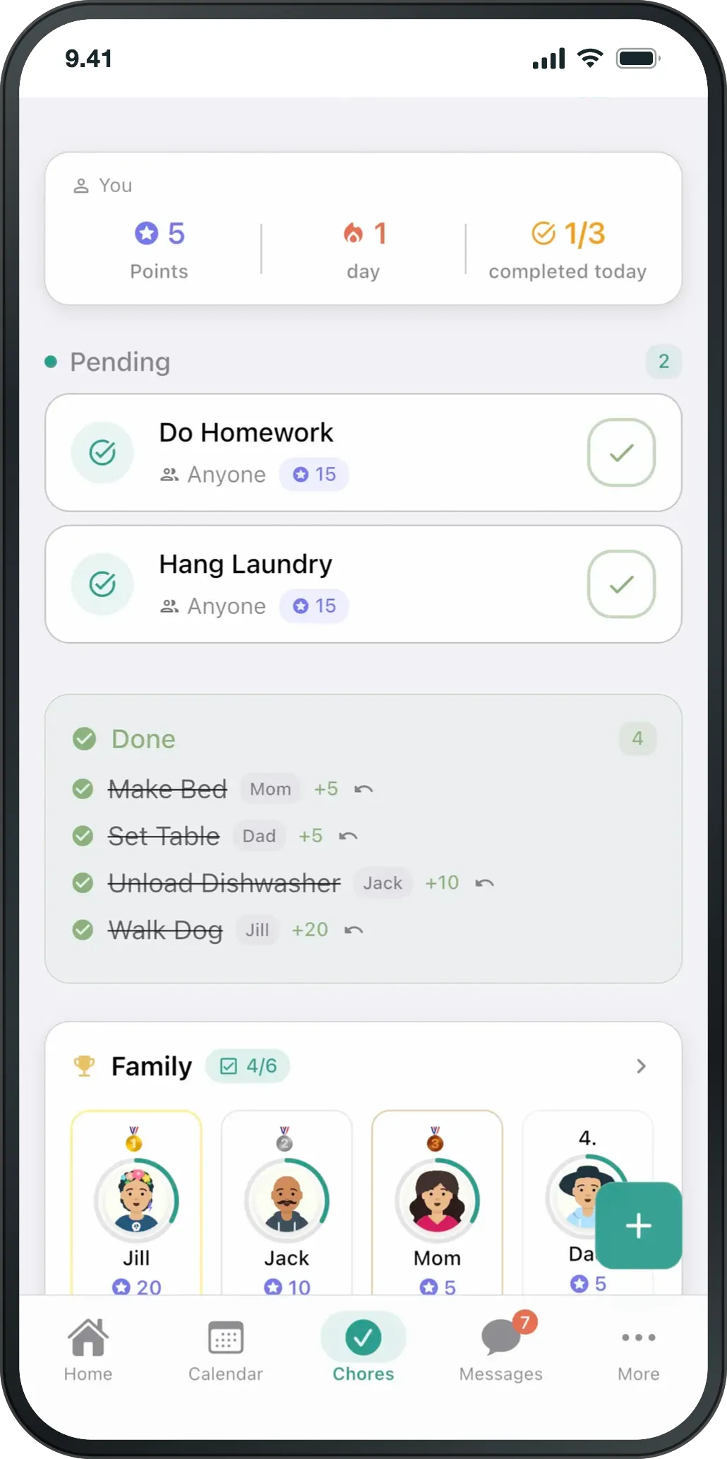 Chores view: pending and completed tasks with points.