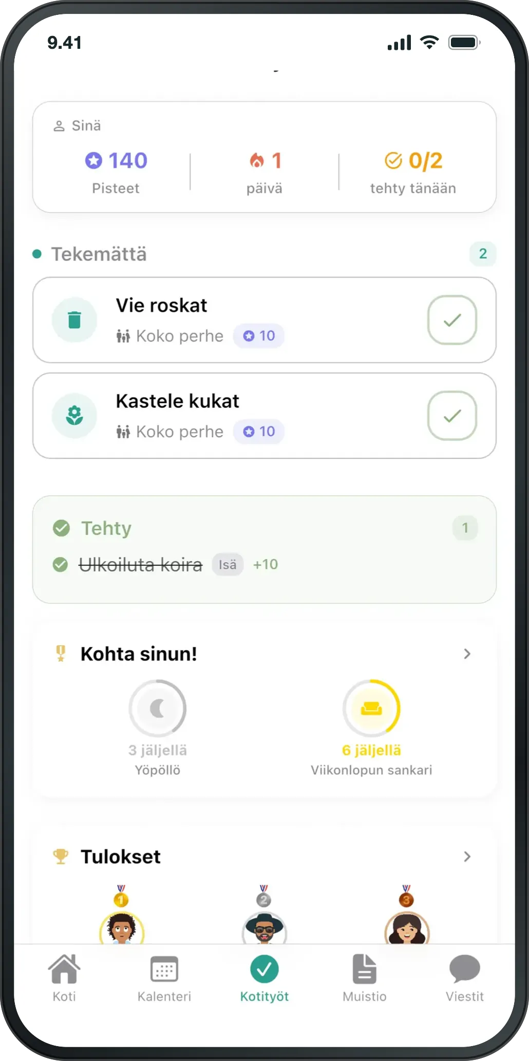 Kotityöt-näkymä: tekemättömät työt, tehdyt työt ja kertyneet pisteet.