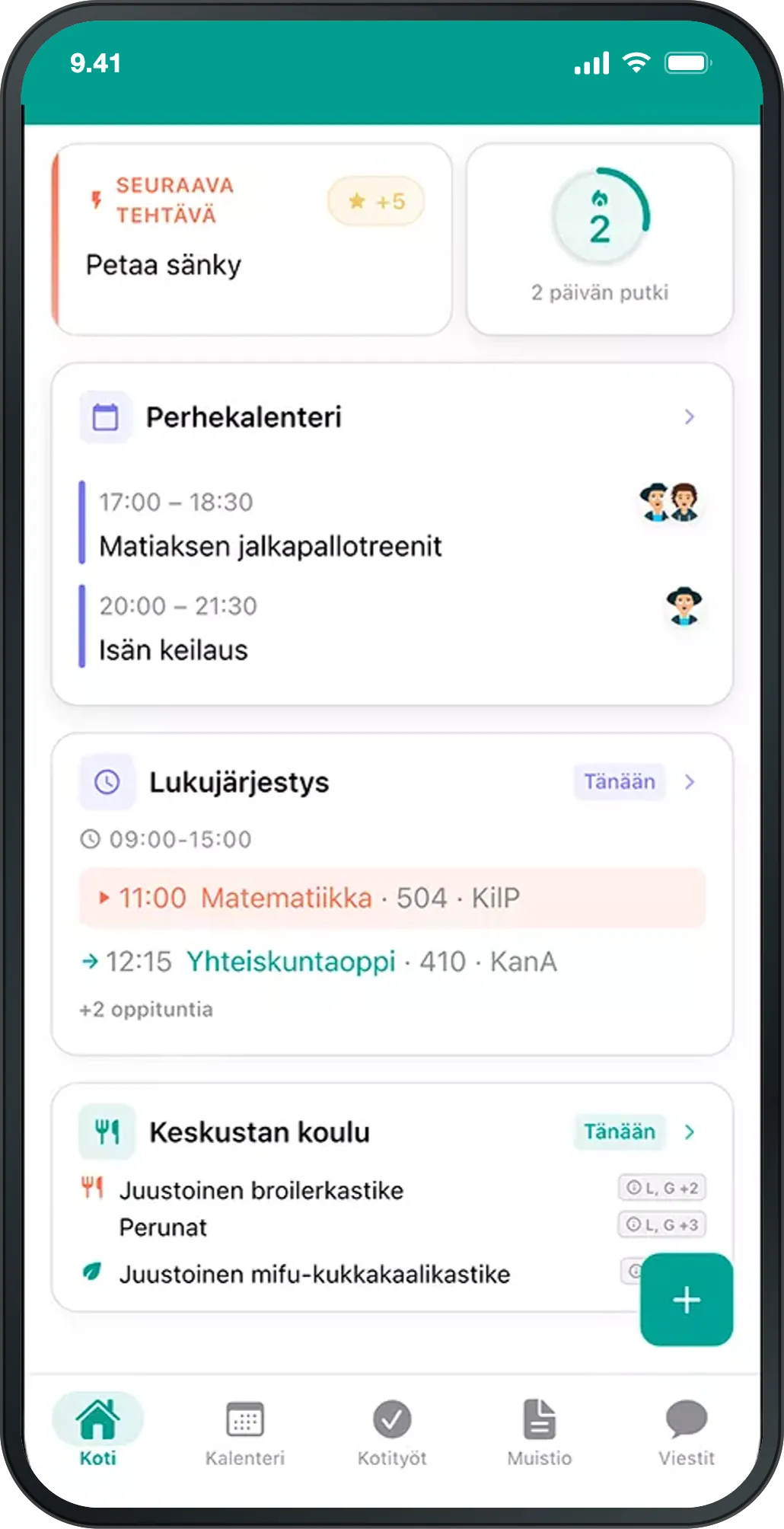 Kotinäkymä, jossa päivän kalenteri, lukujärjestys ja koulun ruokalista.