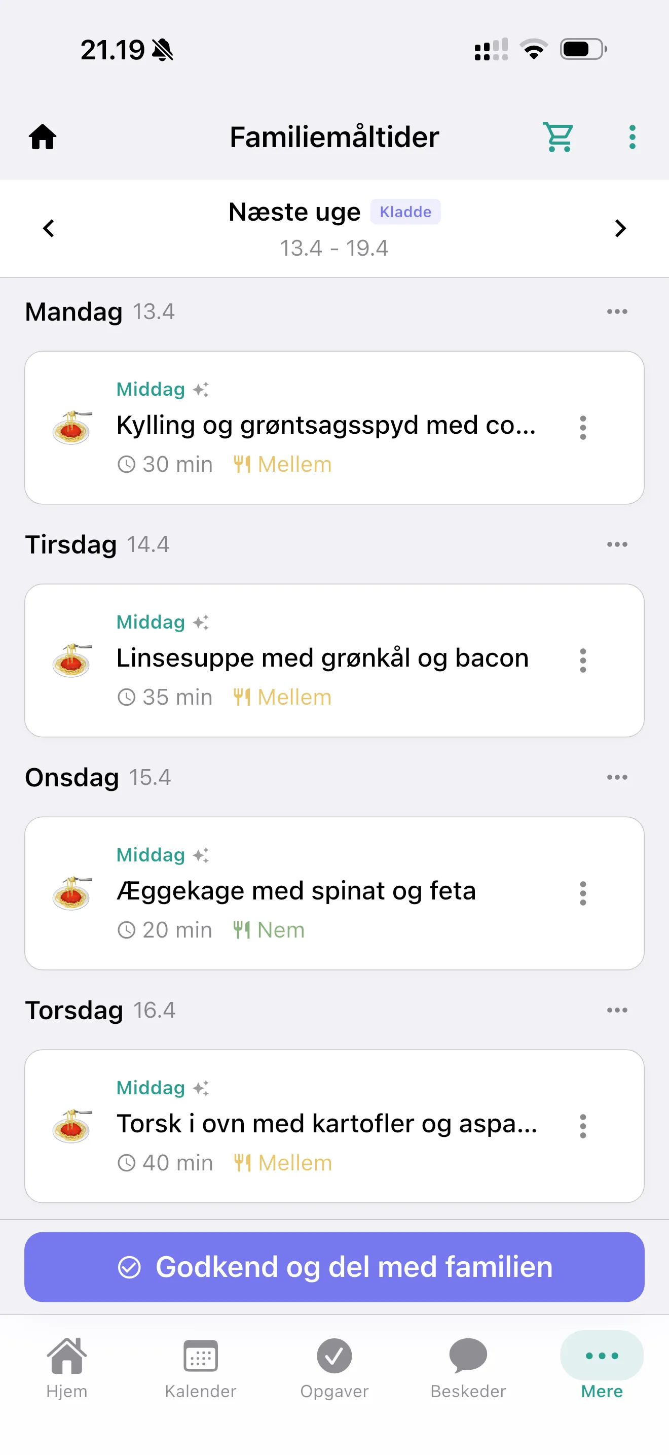 Familiens madplan med aftensmad planlagt for hele ugen.