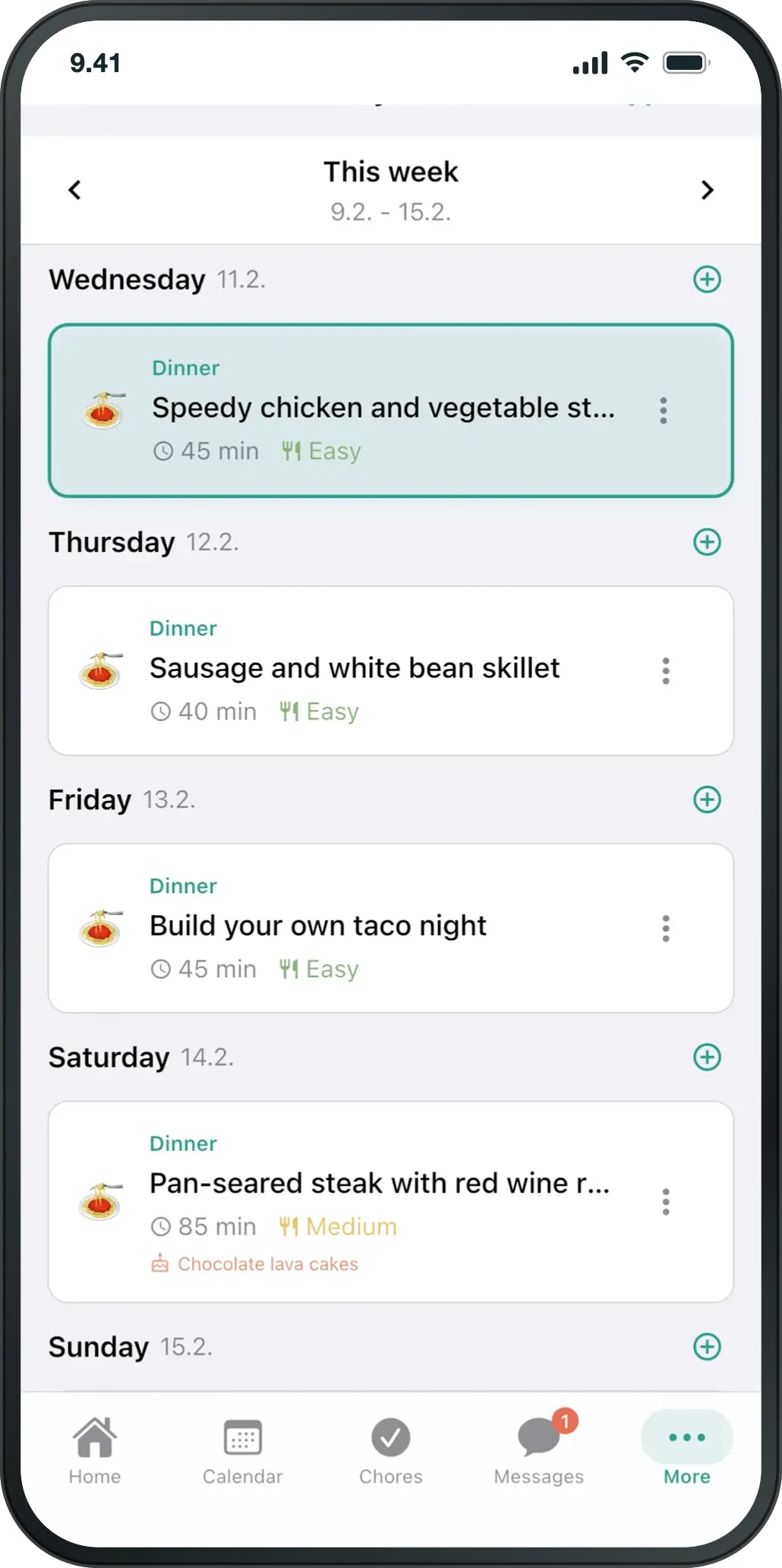 Family meals view: dinners planned for the whole week.