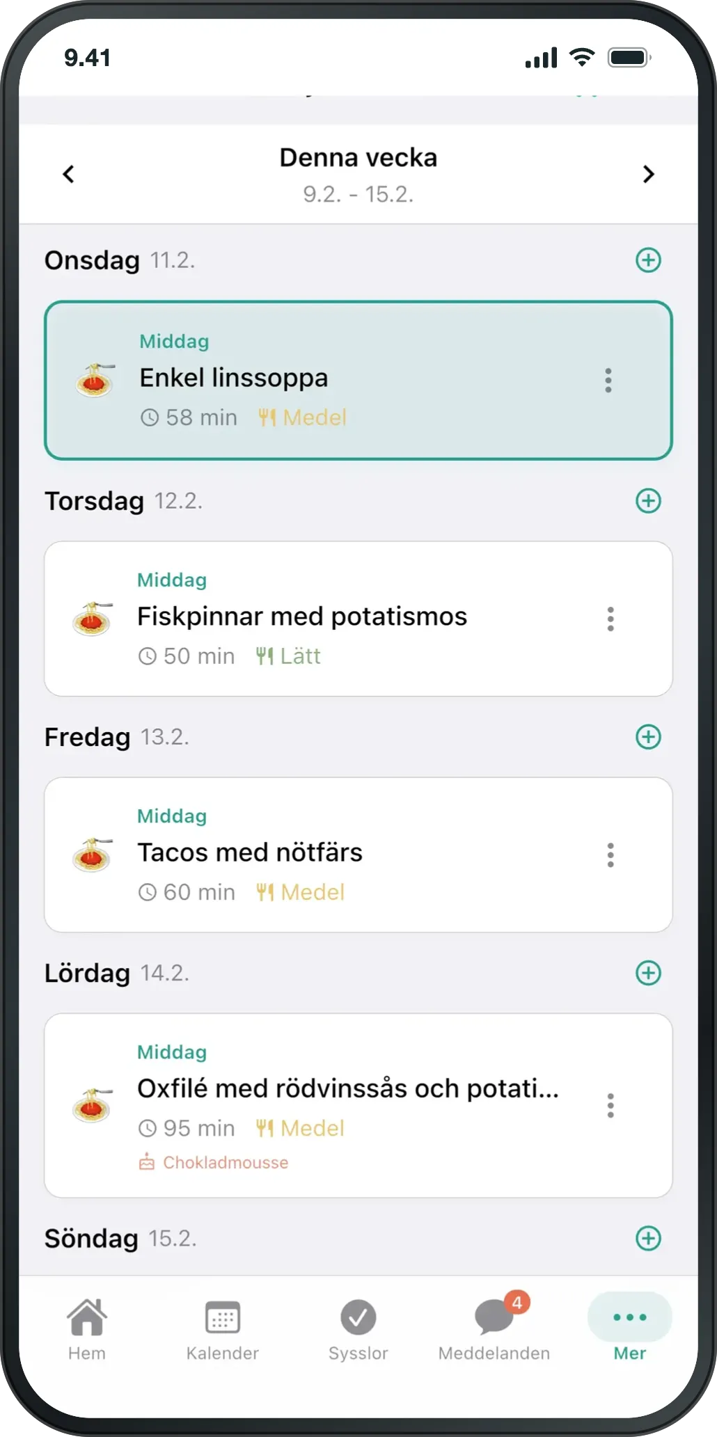 Veckomenyn: middagar planerade för hela veckan.