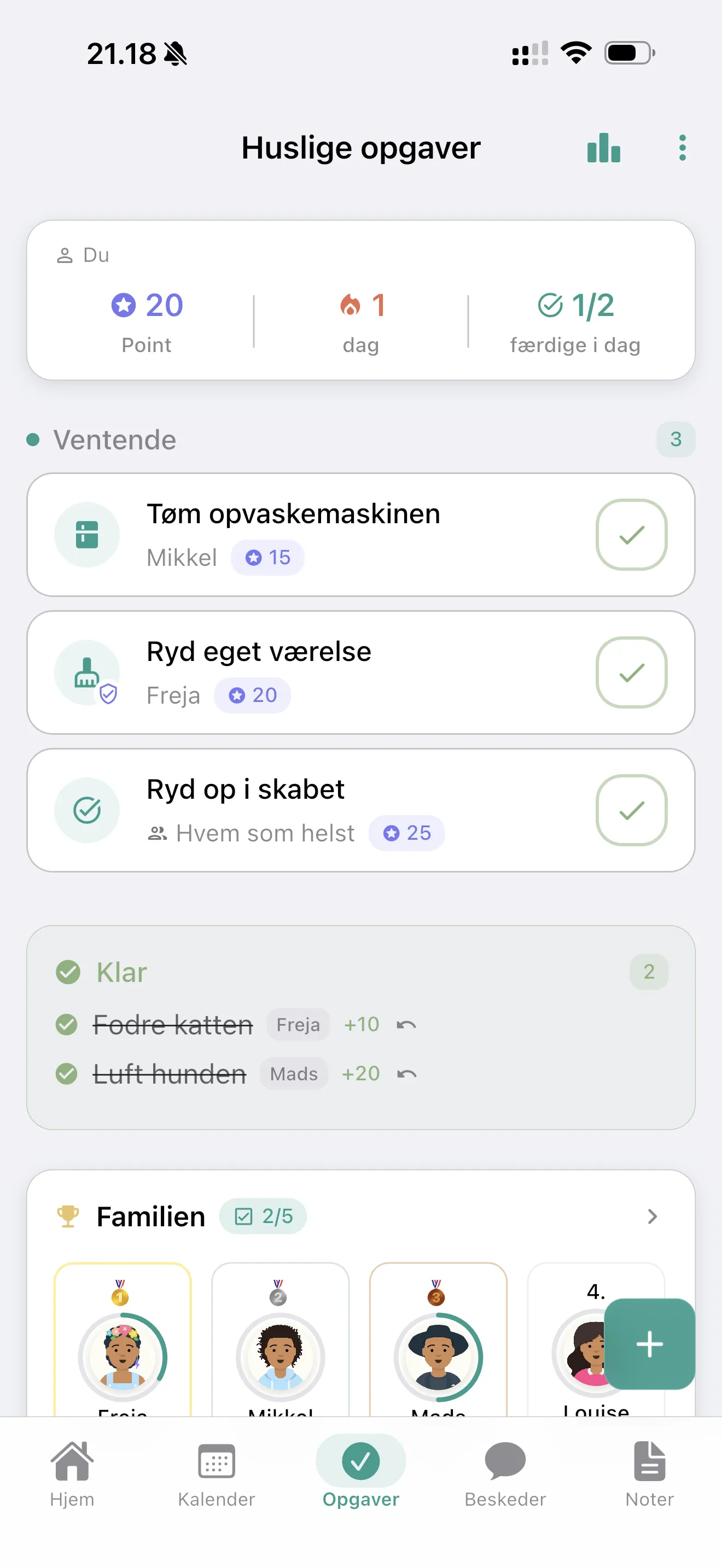 Opgaveoversigten med ventende og færdige opgaver, point og familiens resultatliste.