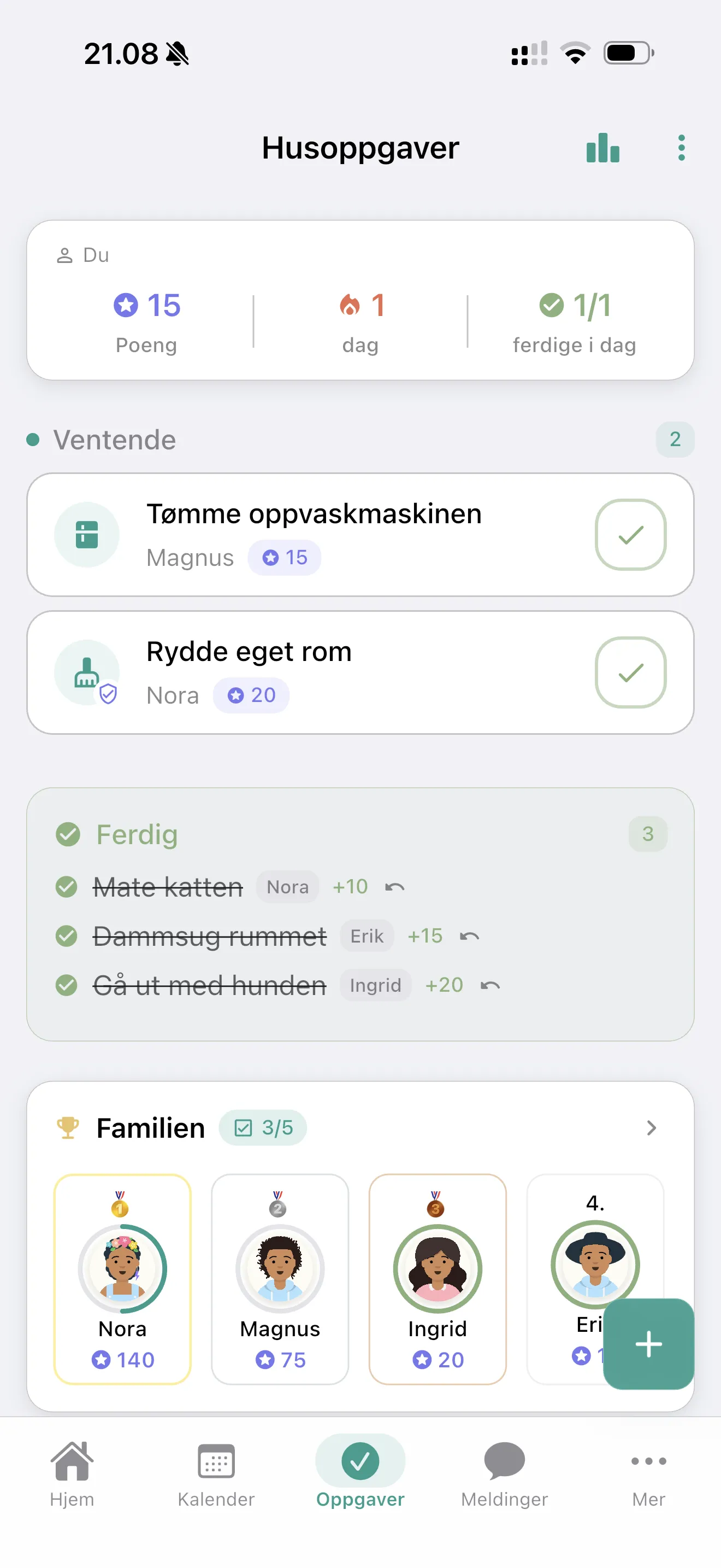 Oppgaveoversikten med ventende og fullførte oppgaver, poeng og familiens resultatliste.