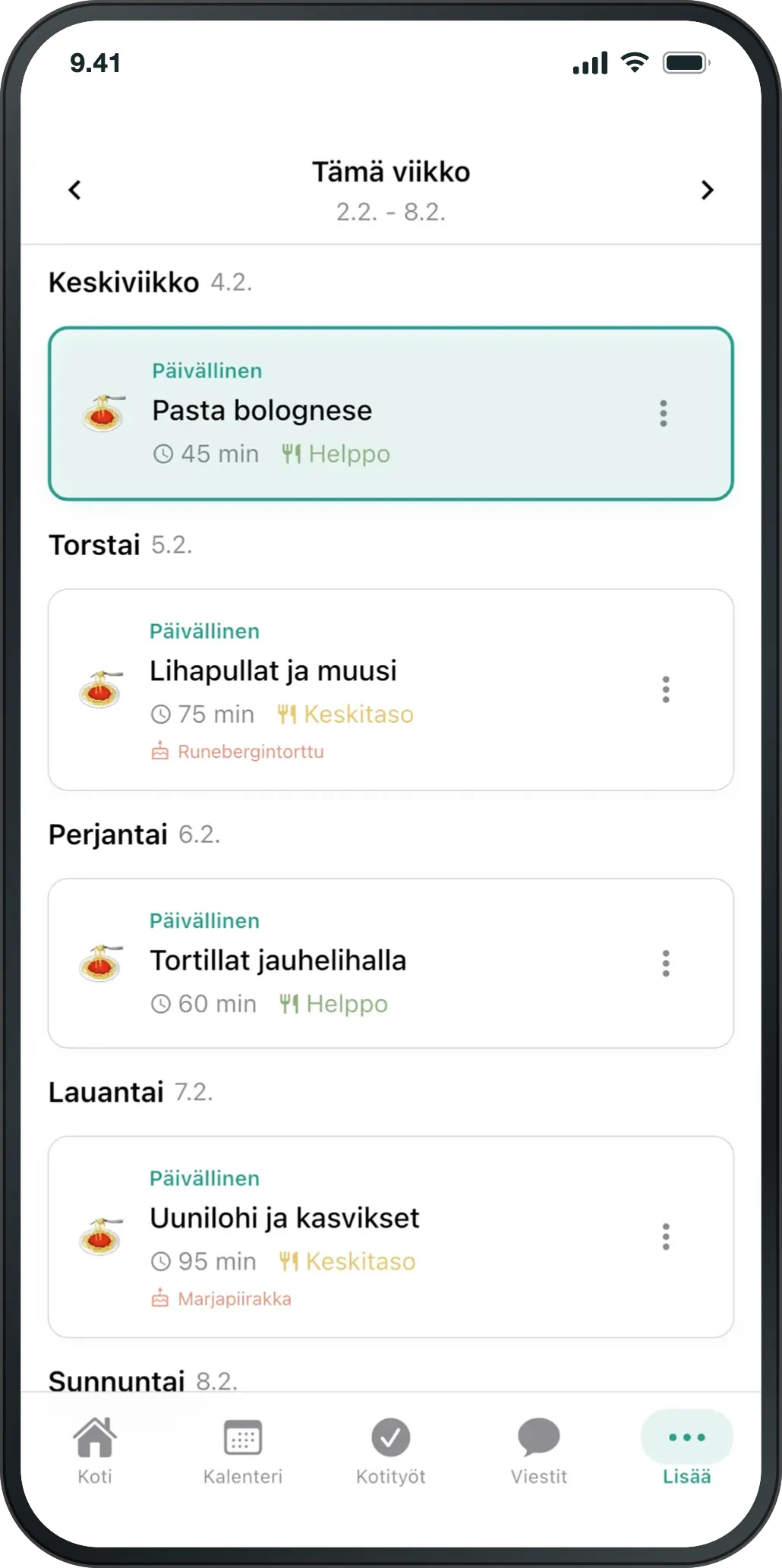 Perheen ruokalista viikolle päivittäin eriteltynä.
