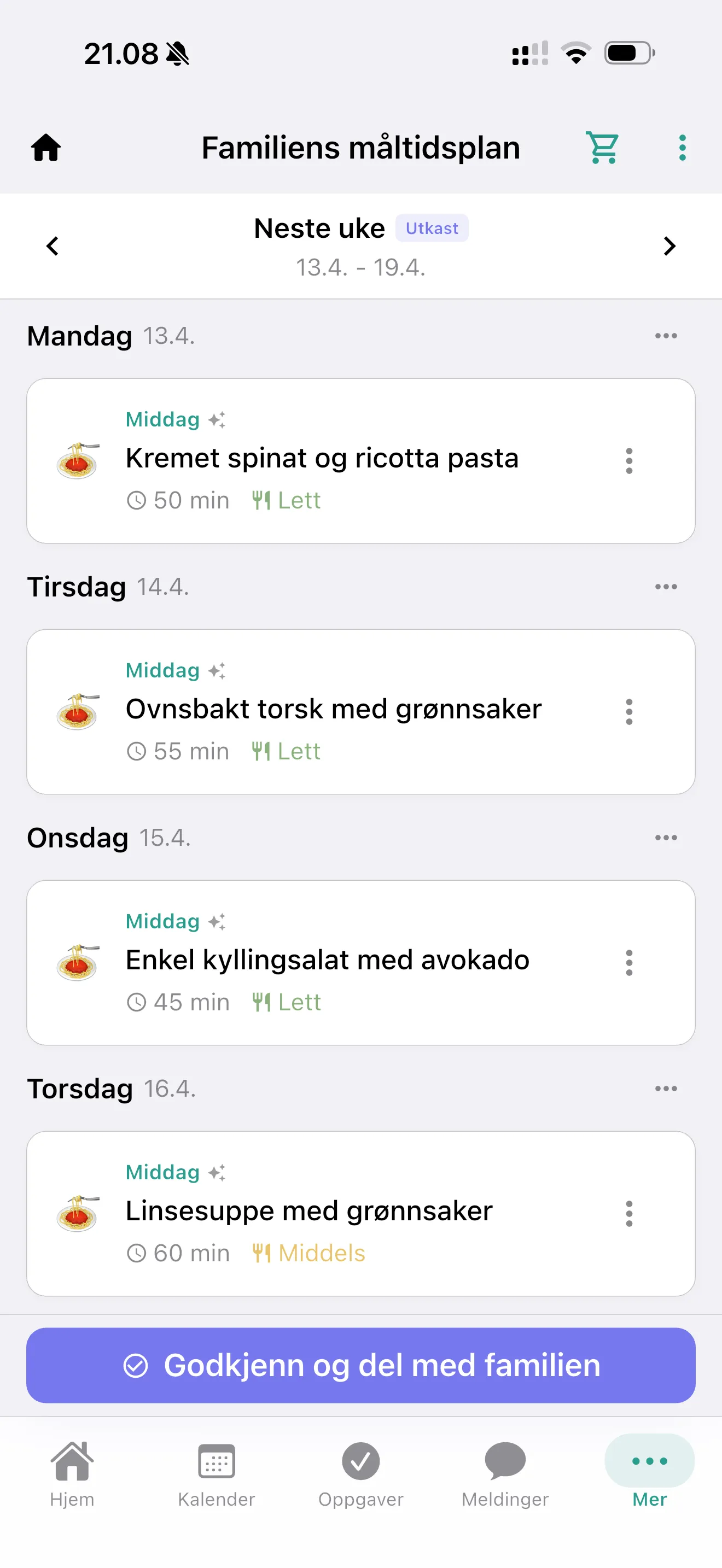 Familiens ukemeny med middager planlagt for hele uken.