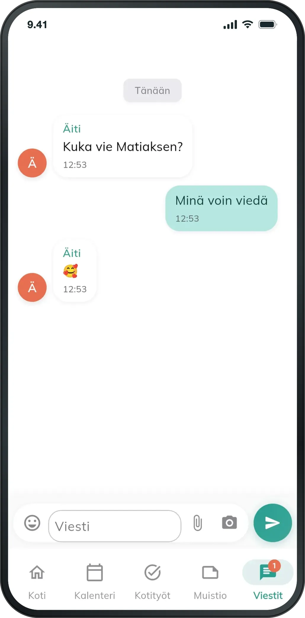 Perhe-chat, jossa perheenjäsenet sopivat kuka vie lapsen harrastukseen.