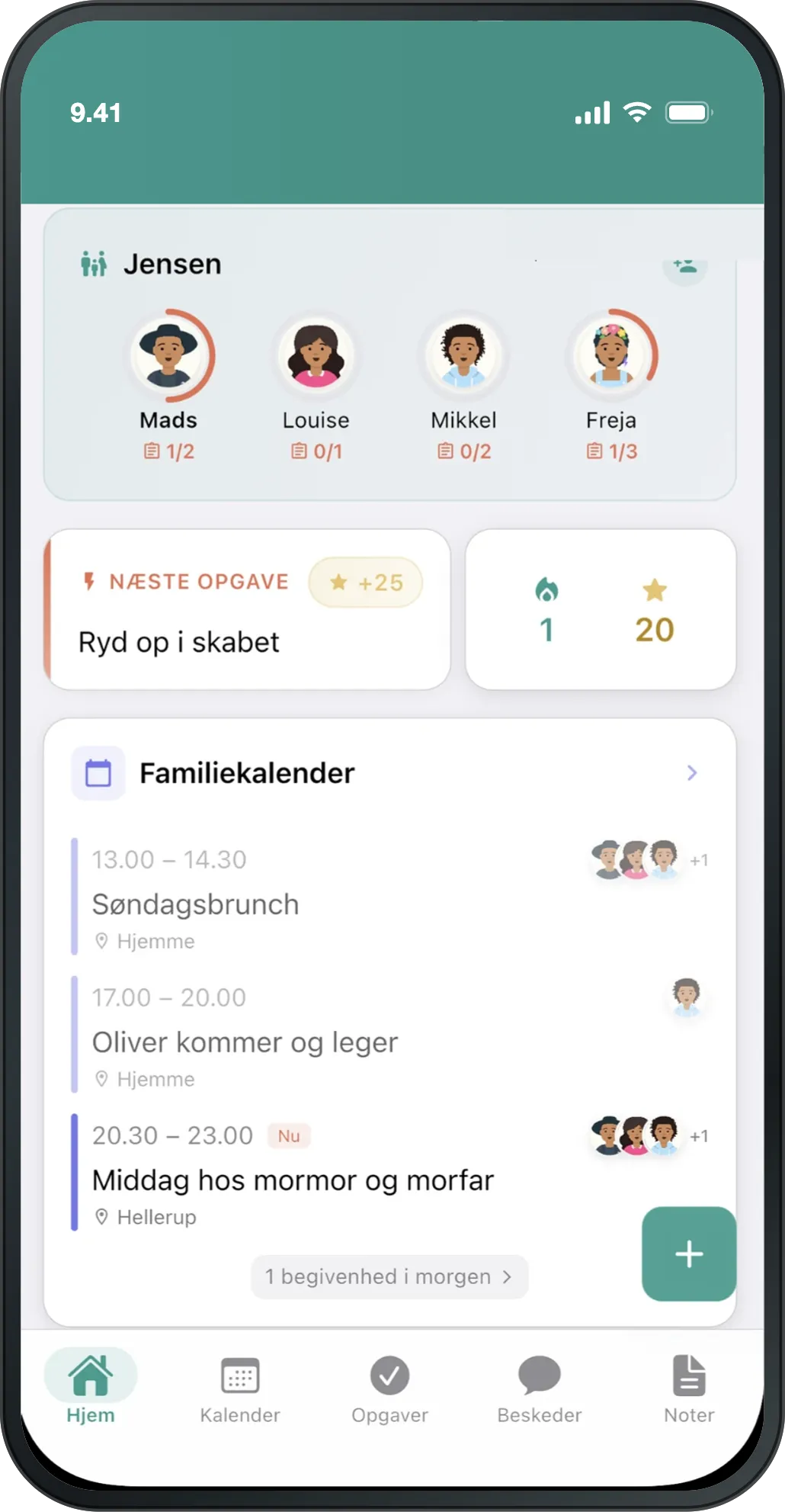 Perhe.apps hjemmeskærm: familiemedlemmer, dagens opgaver og familiekalenderen.