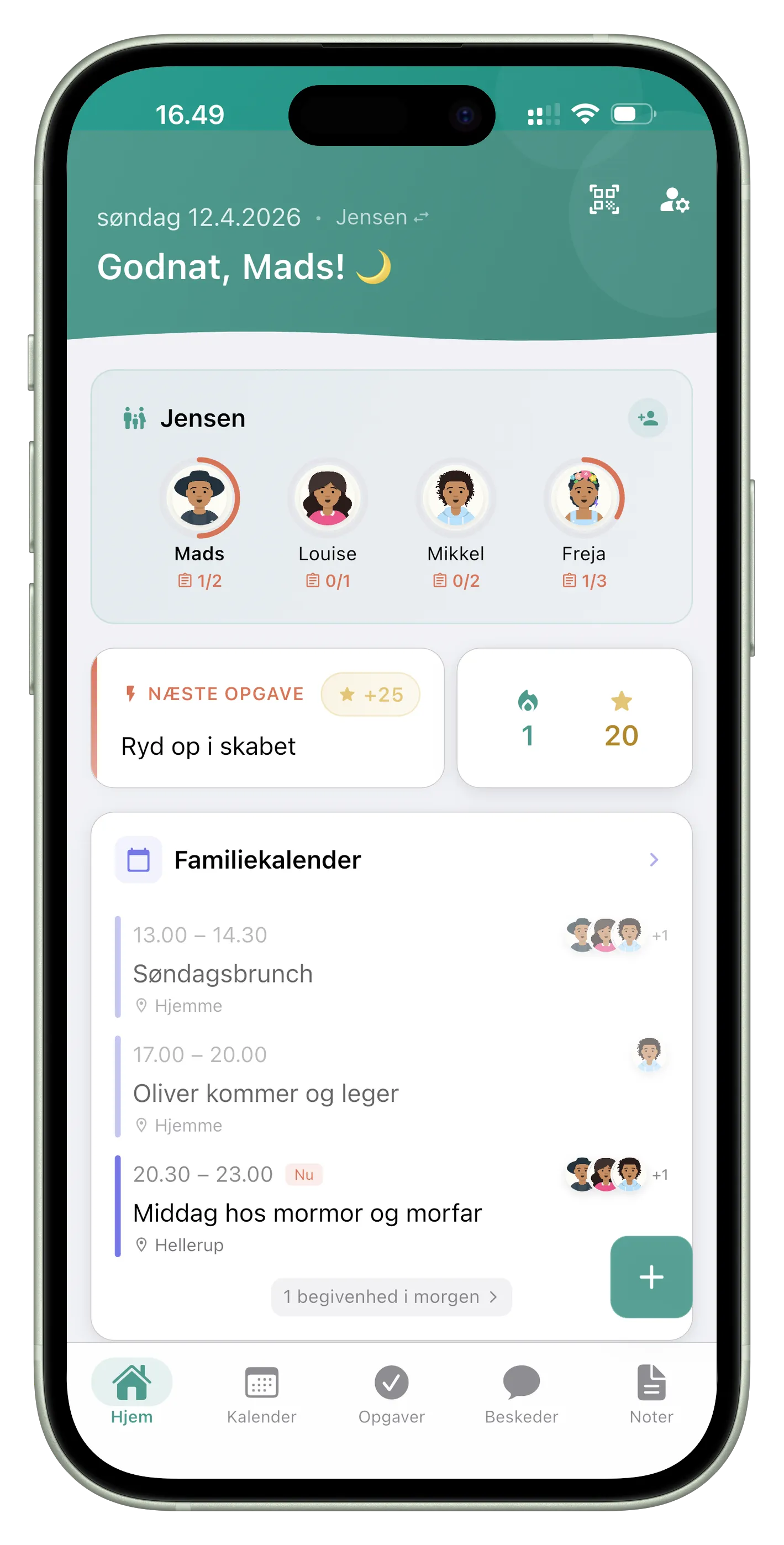 Perhe.apps hjemmeskærm: familiemedlemmer, dagens opgaver og familiekalenderen.