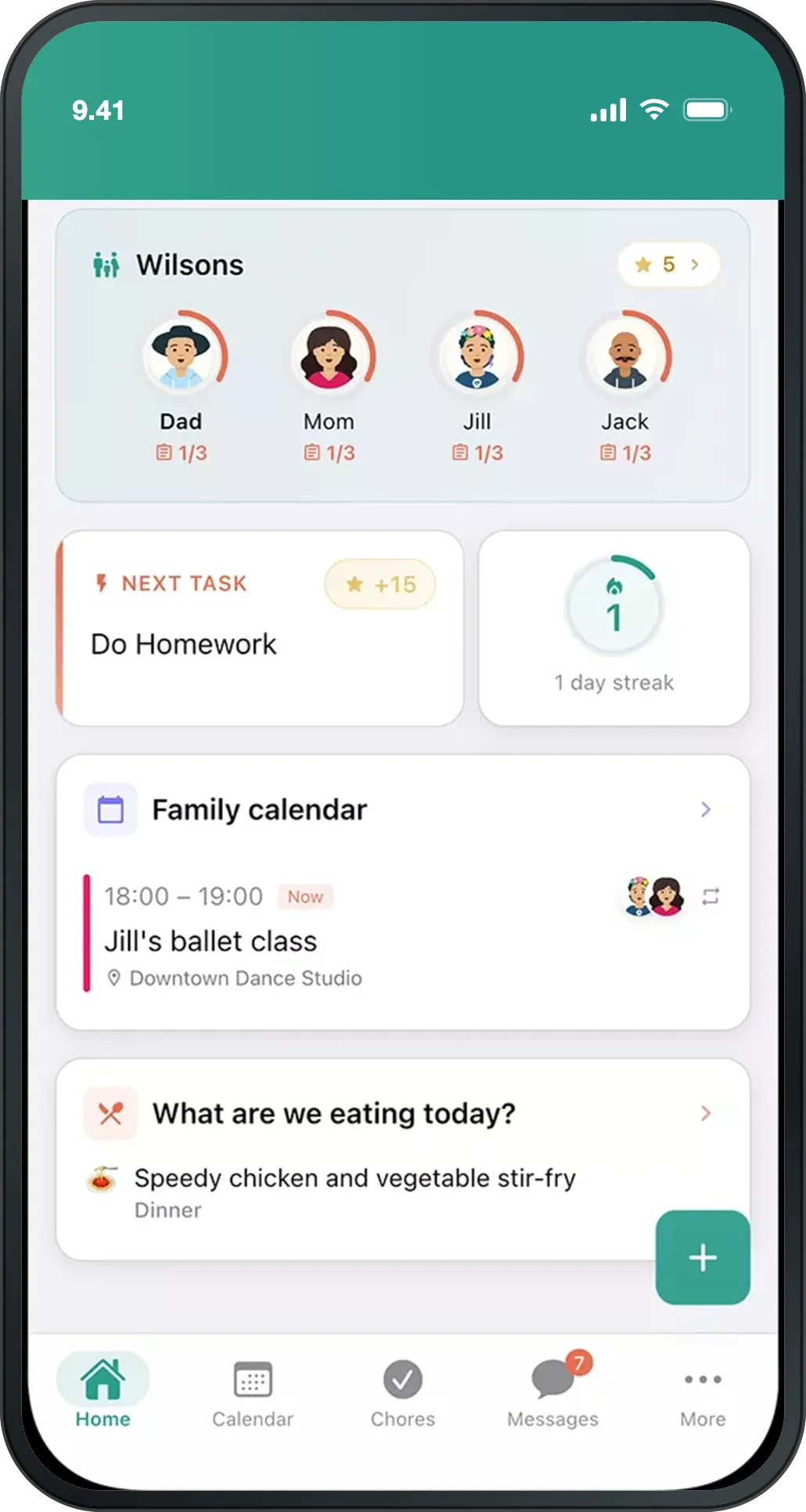 Perhe.app home view: family members, next task and today’s family calendar.