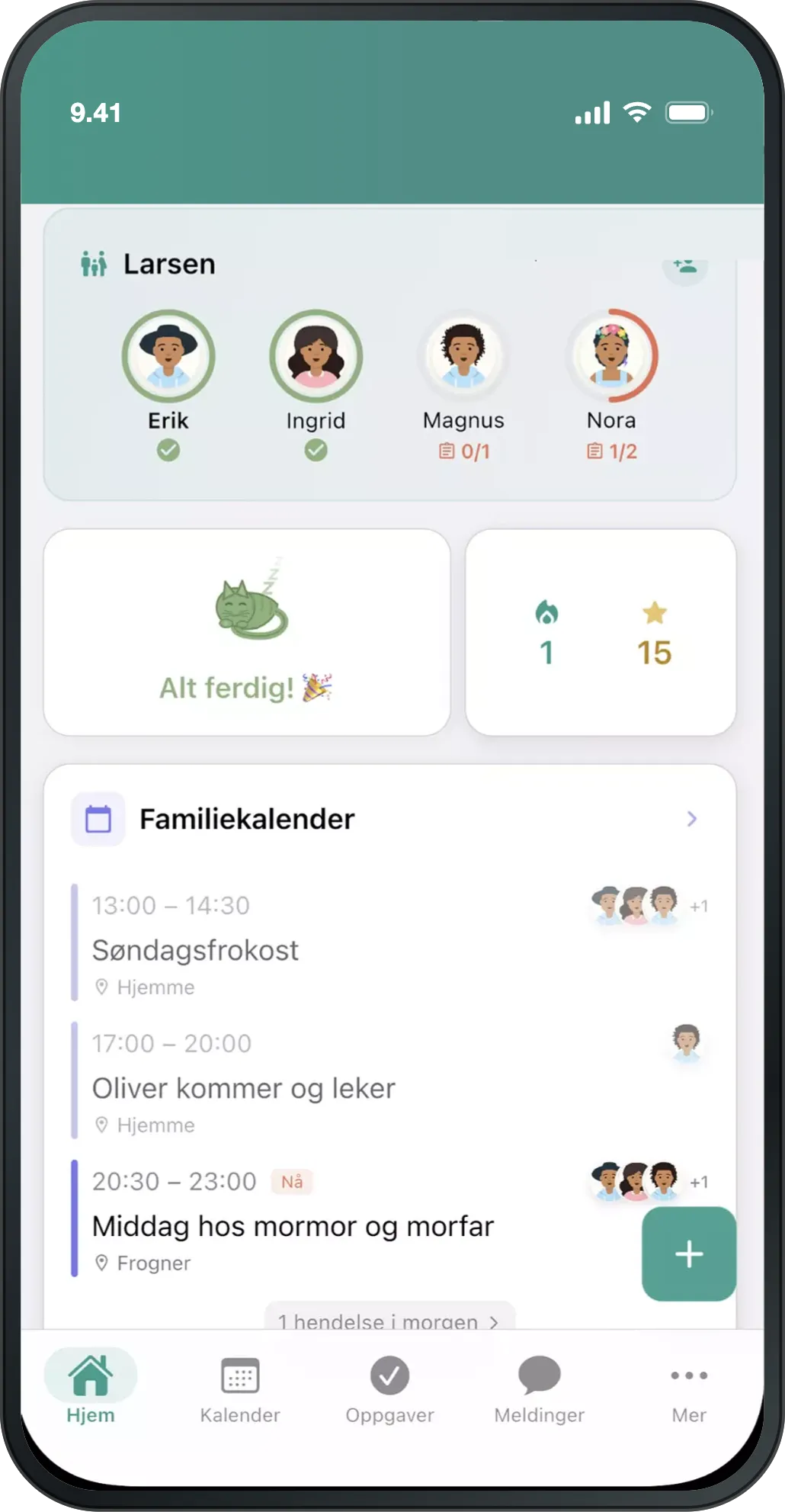 Perhe.apps hjemskjerm: familiemedlemmer, dagens oppgaver og familiekalenderen.