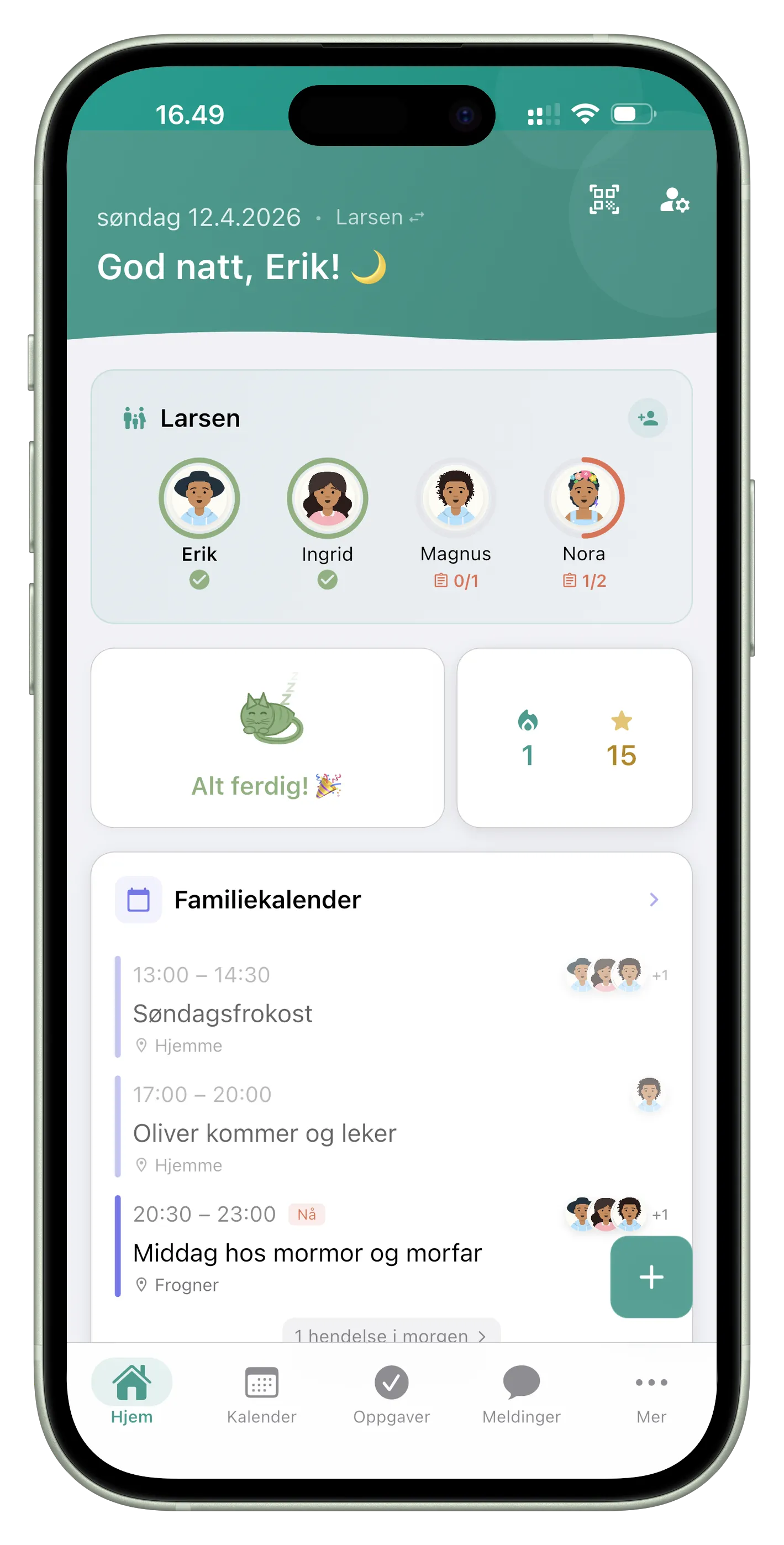 Perhe.apps hjemskjerm: familiemedlemmer, dagens oppgaver og familiekalenderen.