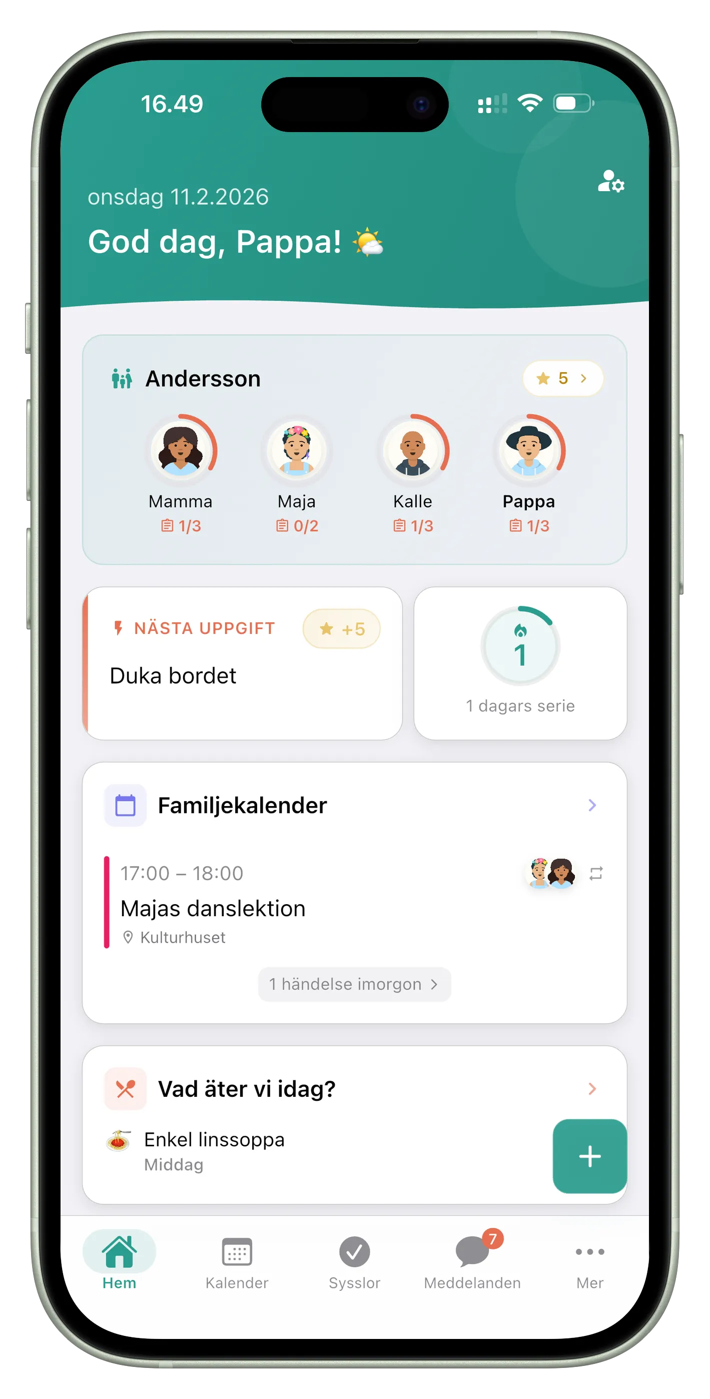 Perhe.apps hemvy: familjemedlemmar, nästa uppgift och dagens familjekalender.