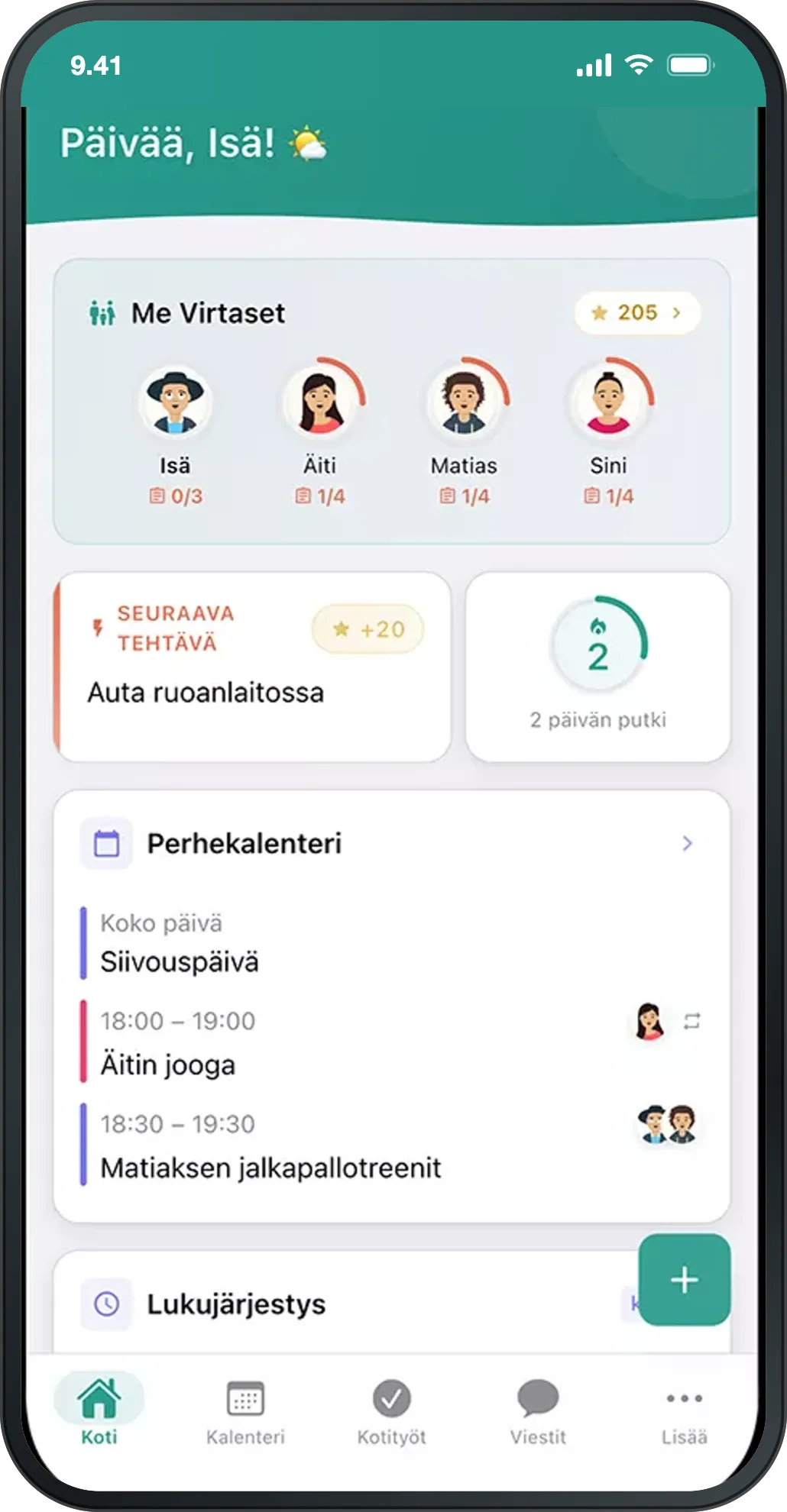 Perhe.appin kotinäkymä: perheen jäsenet, seuraava kotityö ja päivän kalenteri.