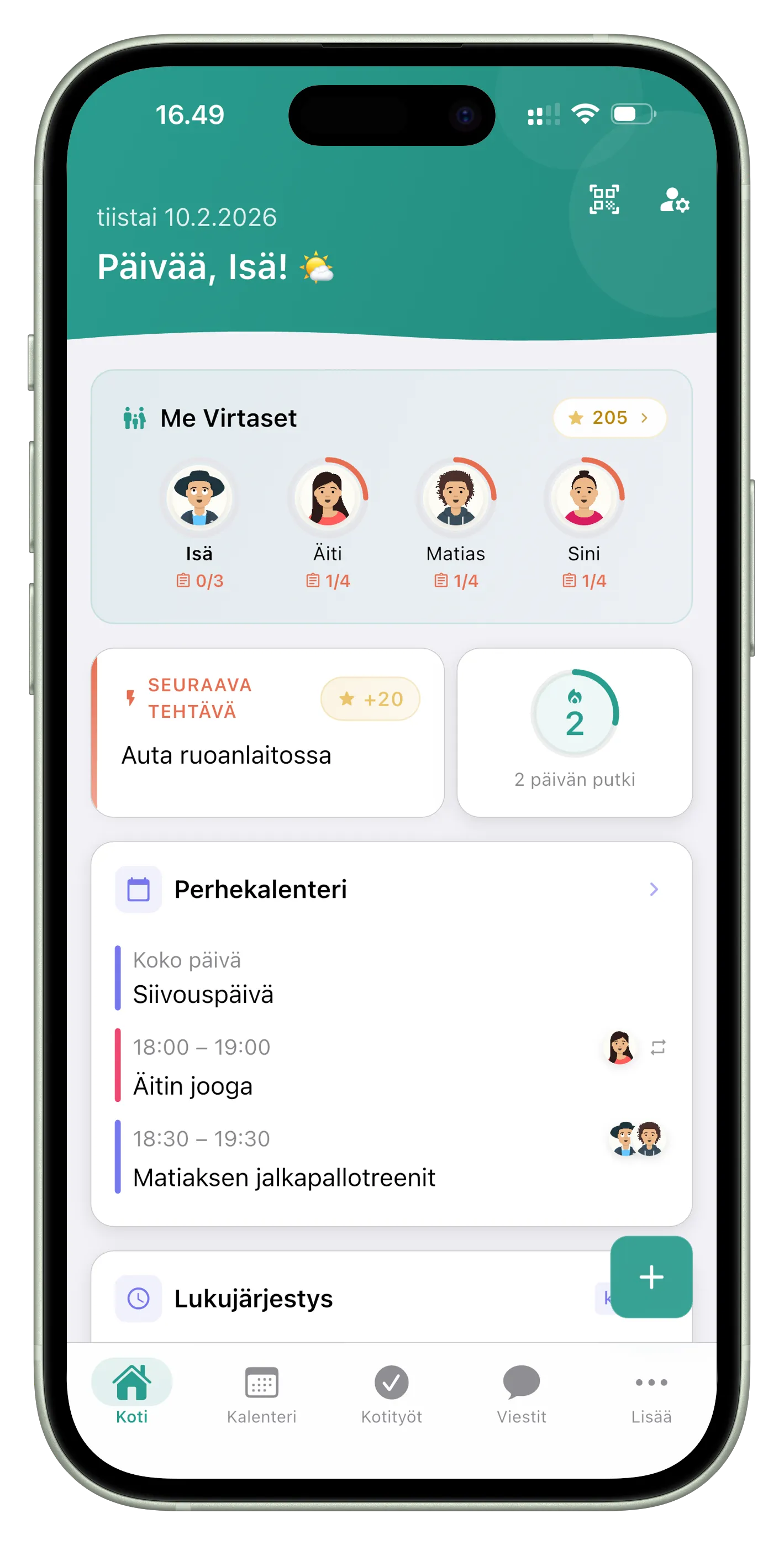 Perhe.appin kotinäkymä puhelimessa: perheen jäsenet, seuraava kotityö ja päivän kalenteri.